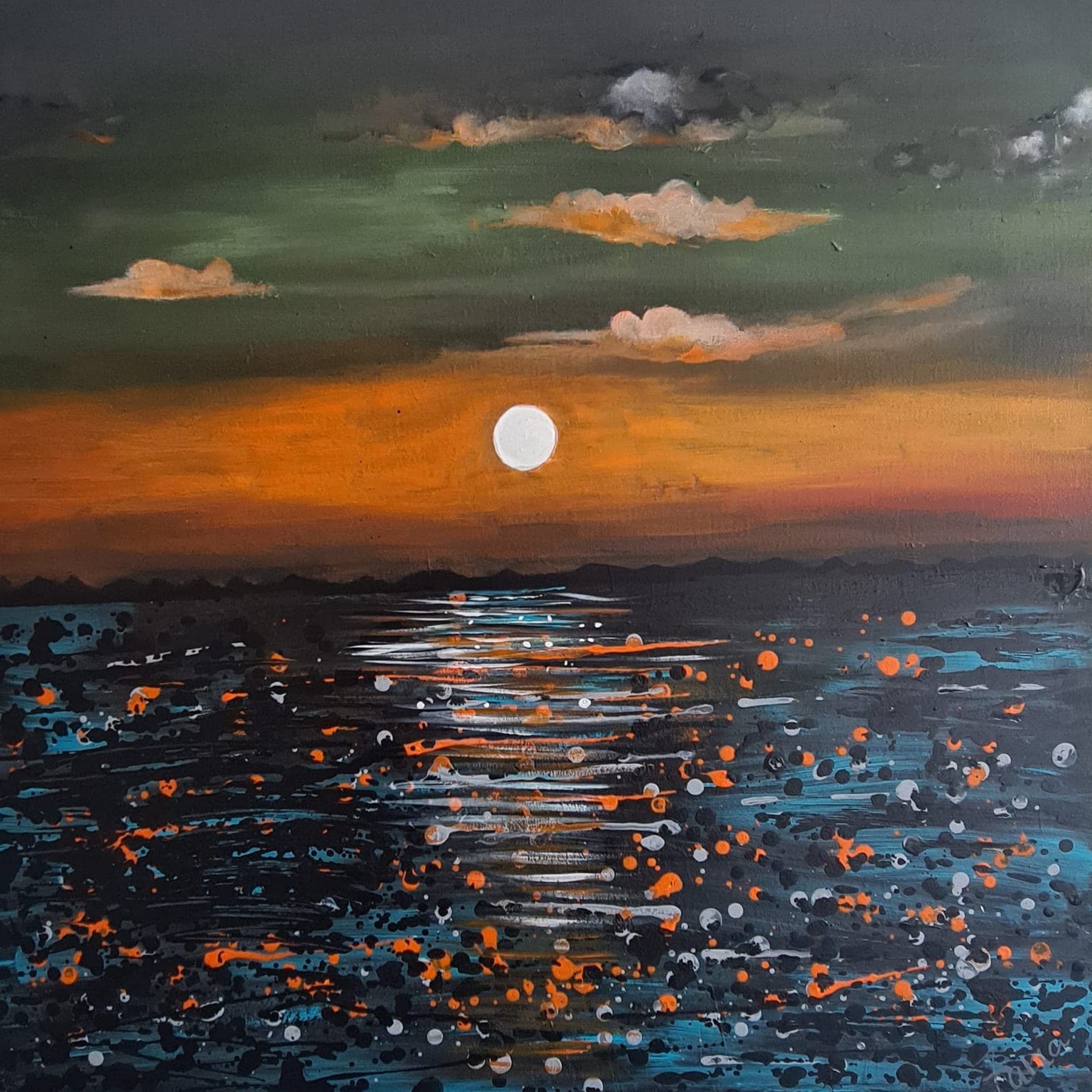 A square canvas of a sun setting over the sea — an olive-green sky with low cloud, a white disc on the horizon above a band of orange, and dark blue water flecked with light.
