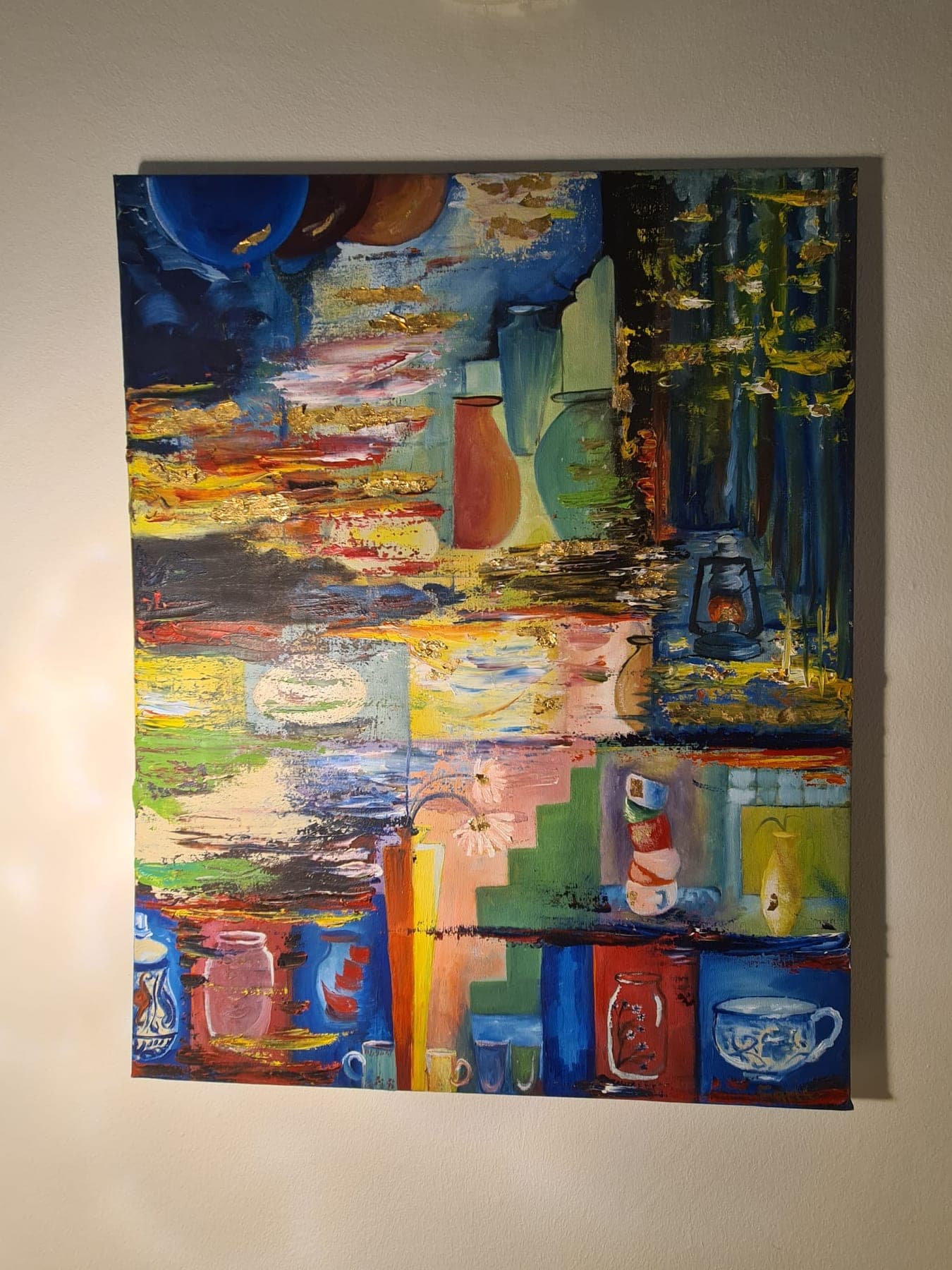 A mounted abstract in palette-knife blocks of blue, green, ochre and white, out of which jars, bottles and a stacked pair of teacups resolve.