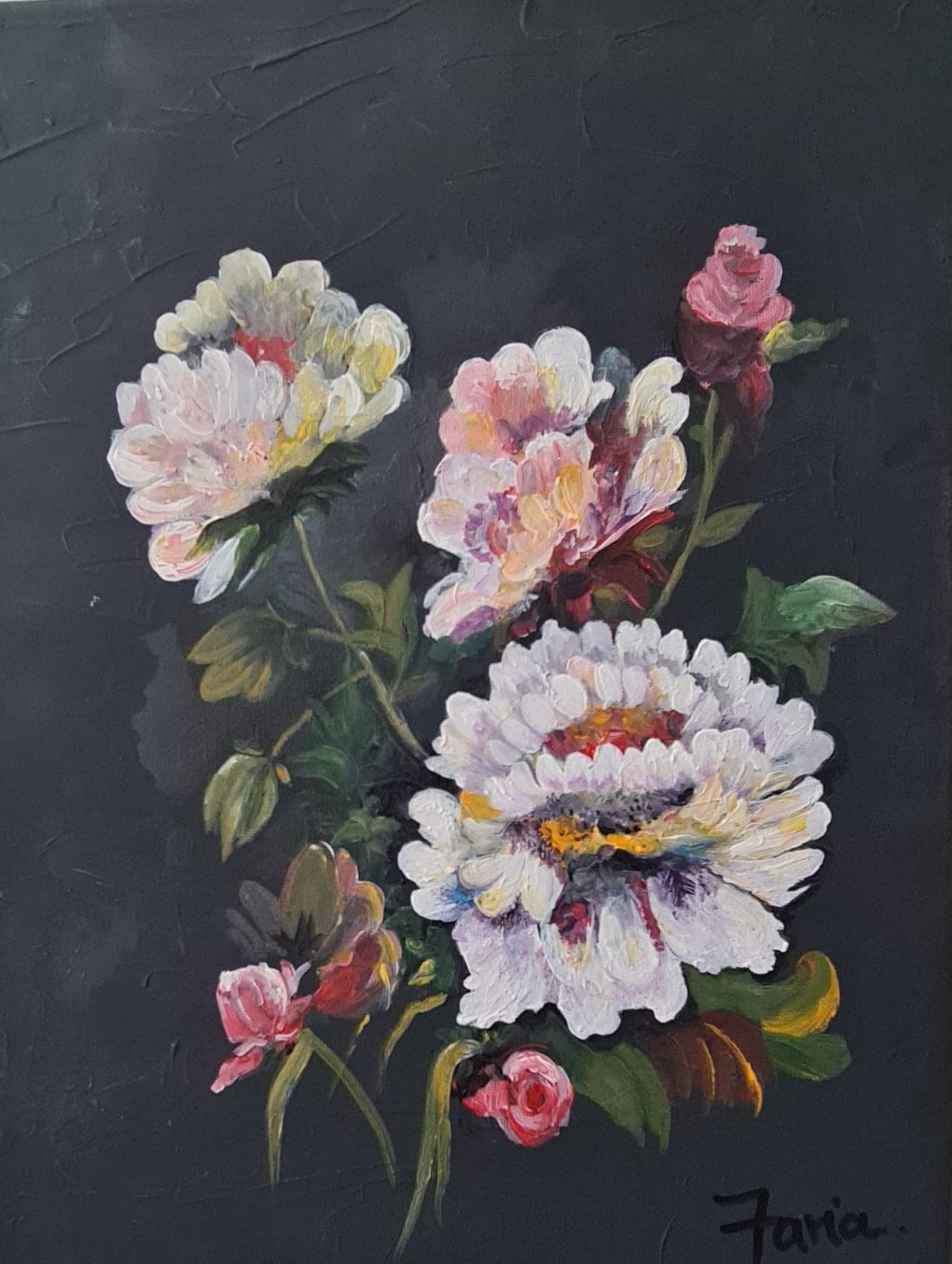 White and pale pink peonies with dark green leaves and small rose buds, painted against a near-black ground and signed Faria.