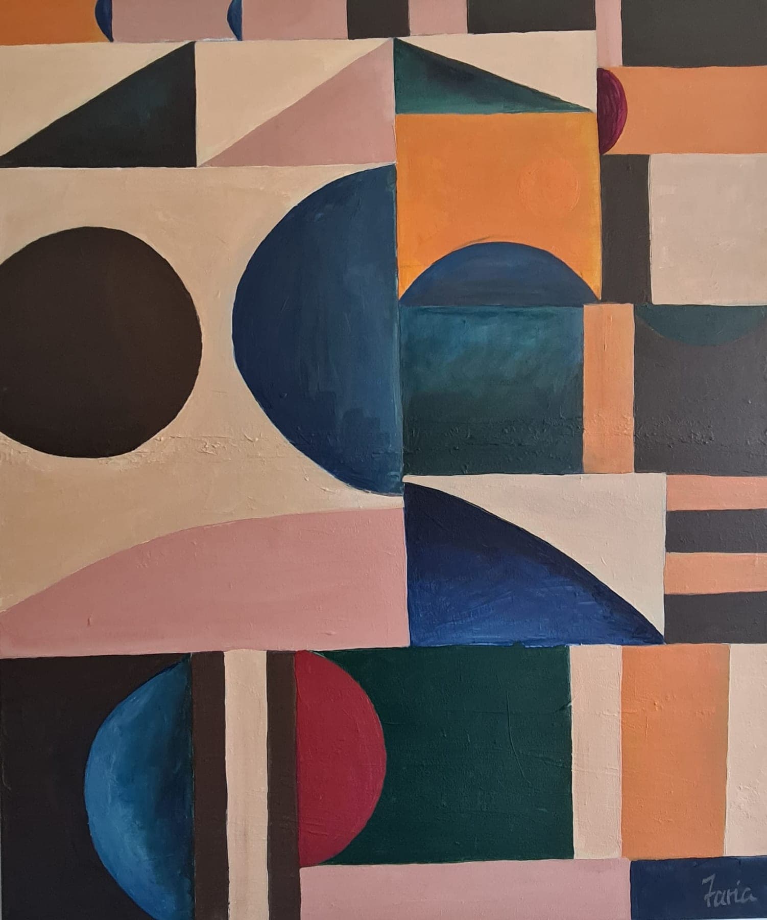 Hard-edged geometric shapes — circles, half-circles, triangles and arches — interlocking in navy, peach, teal, cream and rust. Signed Faria.