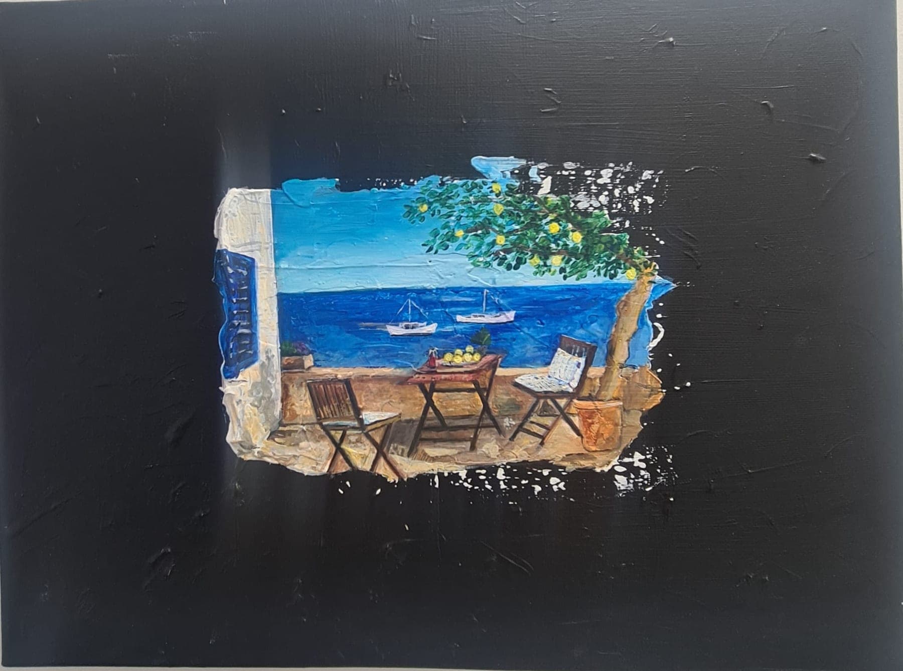 A small textured painting on a black ground showing a shaded terrace with a table and two chairs, a low railing, and bright blue sea beyond.