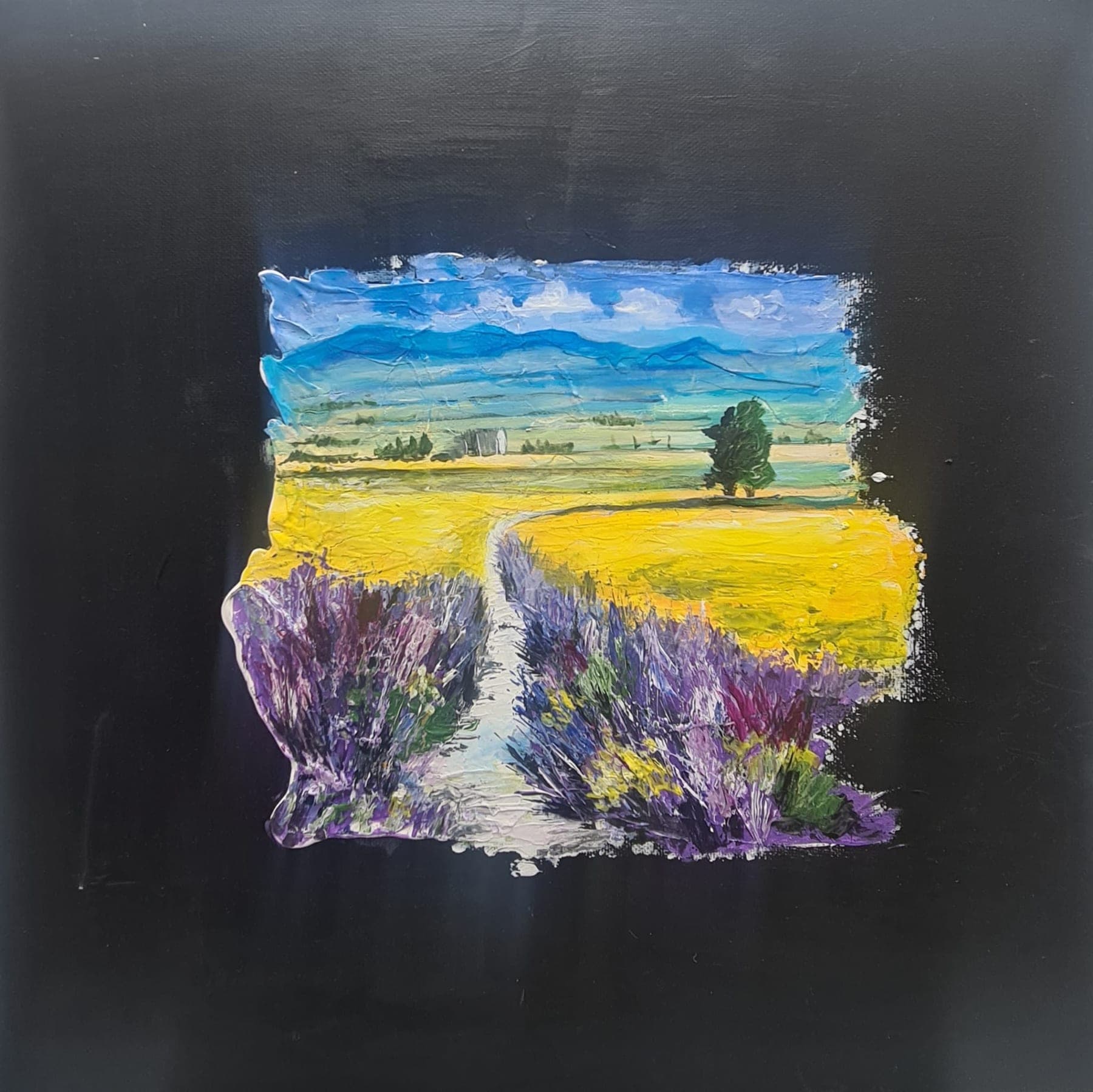 A textured painting of a track running between a bank of lavender and a yellow field, with a single tree, low blue hills and a wide sky above.