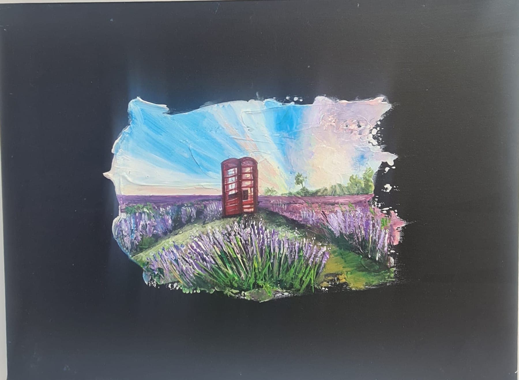 A small textured painting of a red telephone box standing among rows of lavender, under a pale sky streaked with light.