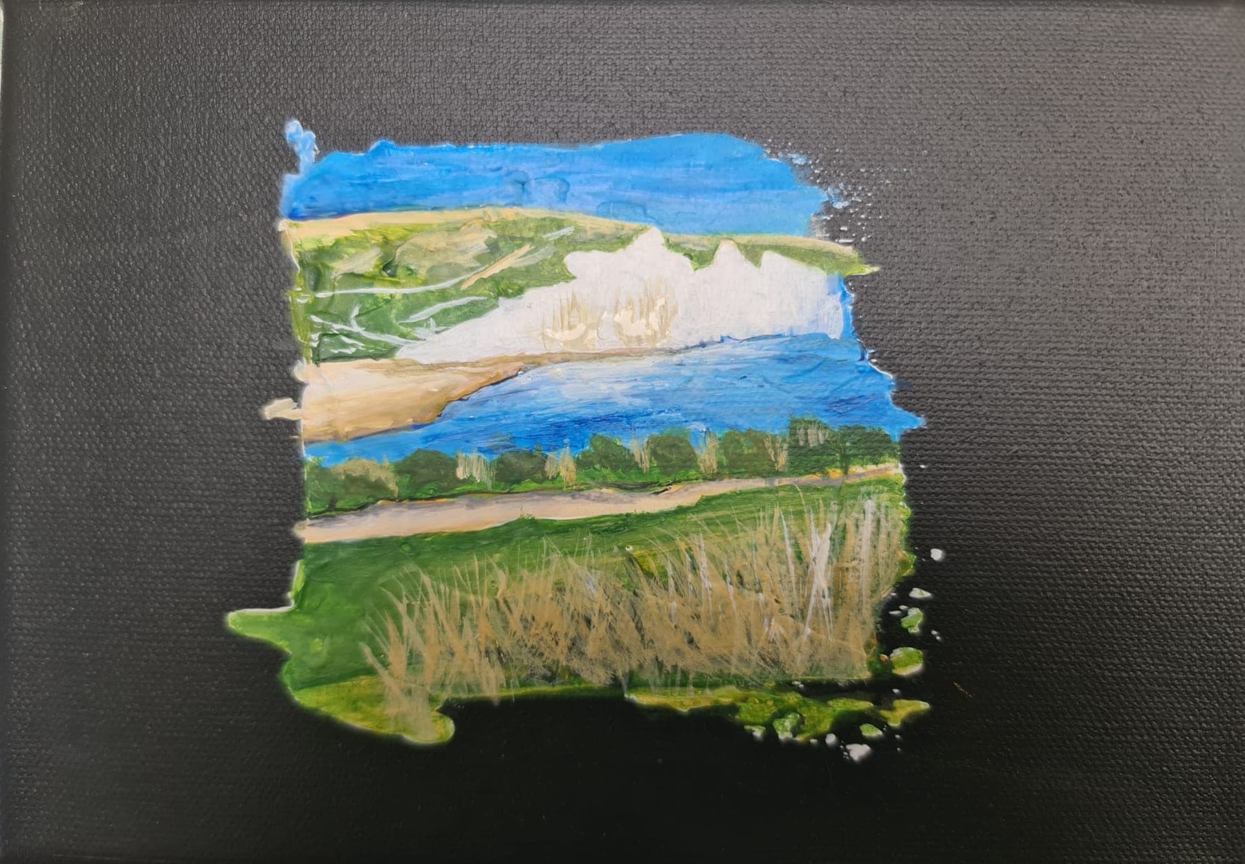 A small textured study of the Seven Sisters — white chalk cliffs above a blue sea, with green downland running back from the cliff edge.