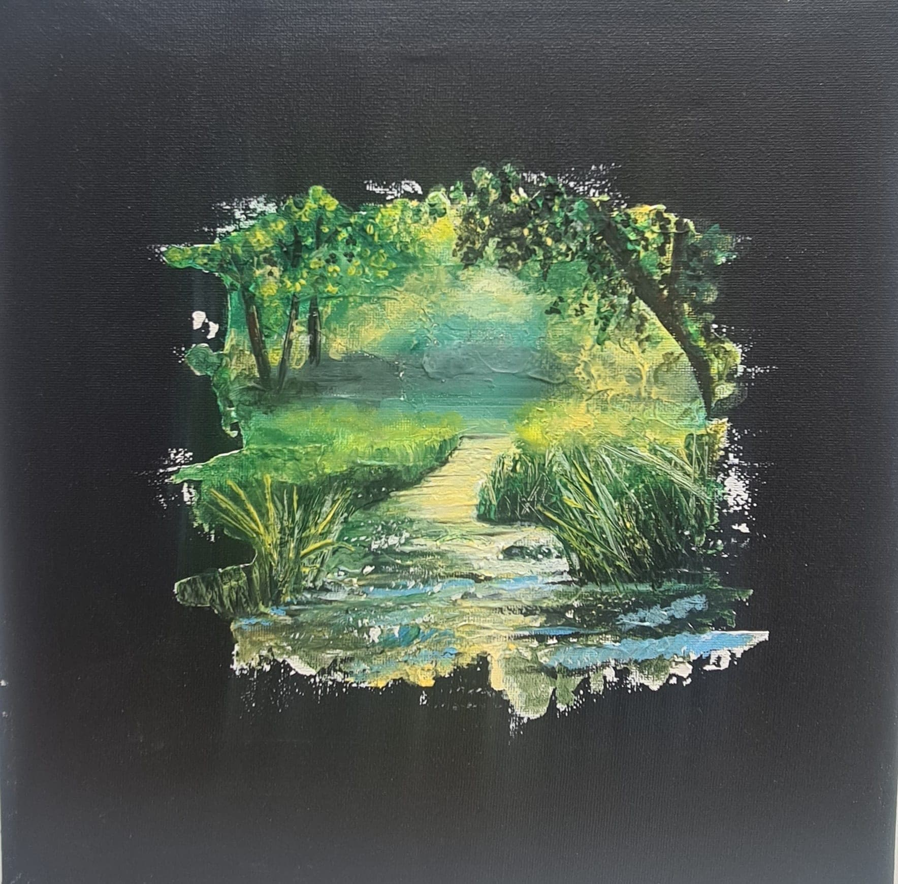 A textured painting on a black ground of a green woodland in full leaf, with a pale stream running out of the trees towards the viewer.