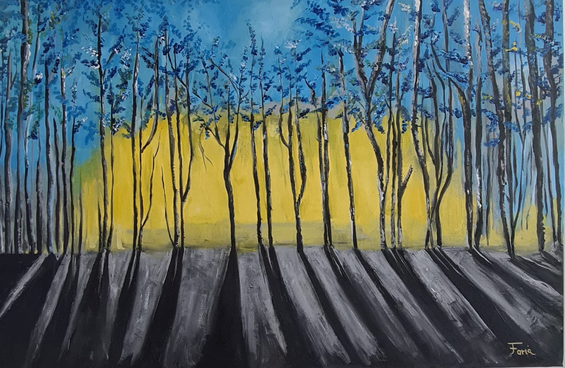 A stand of bare birch trees against a bright yellow ground and a deep blue sky, their long grey shadows thrown forward across the field. Signed Faria.