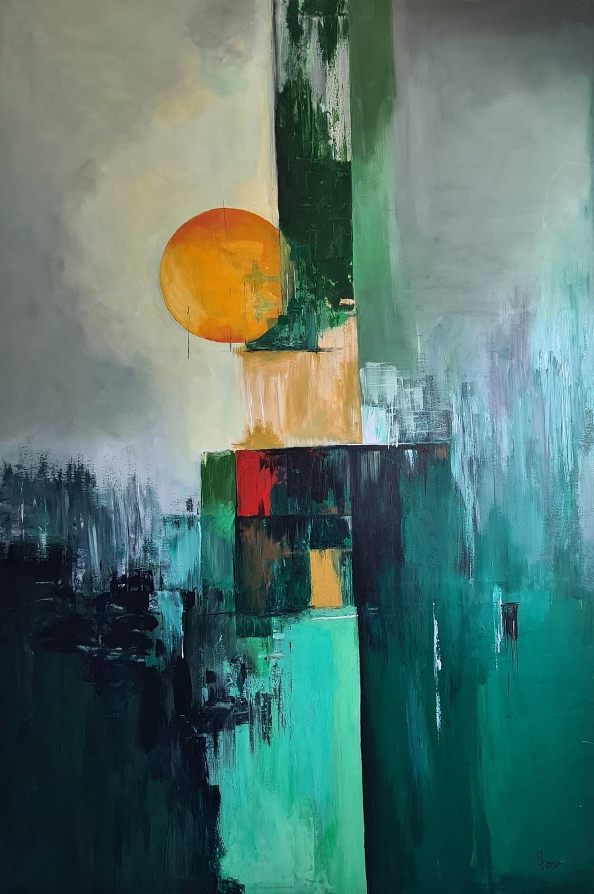 A tall abstract in teal, forest green and grey, with a single orange disc of sun sitting high on the left above blocks of white and ochre.